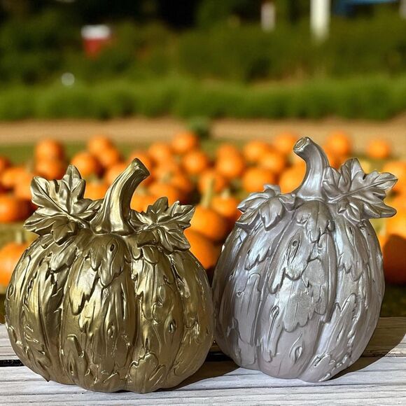Set of 2 Gold & Champagne Decorative Pumpkins Fall Decor - Picture 1 of 5